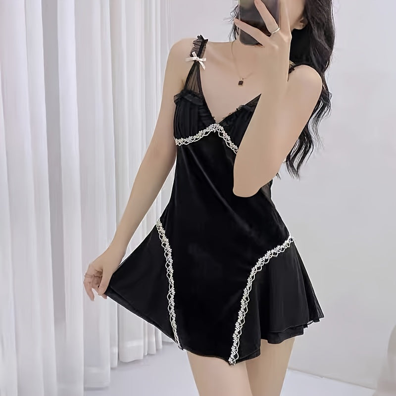 Elegant Velvet Women's Pajama Suit - Sexy Lace V Collar Suspender Dress and Long Sleeve Homewear，Perfect Choice for Autumn and Winter