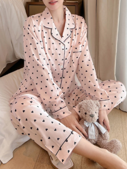 Women's pajama suit，Satin High-Grade Pajamas，Lapel Love Full Print Women's Pajamas，Comfortable Slimming Women's Pajamas - Perfect Gift for Her！