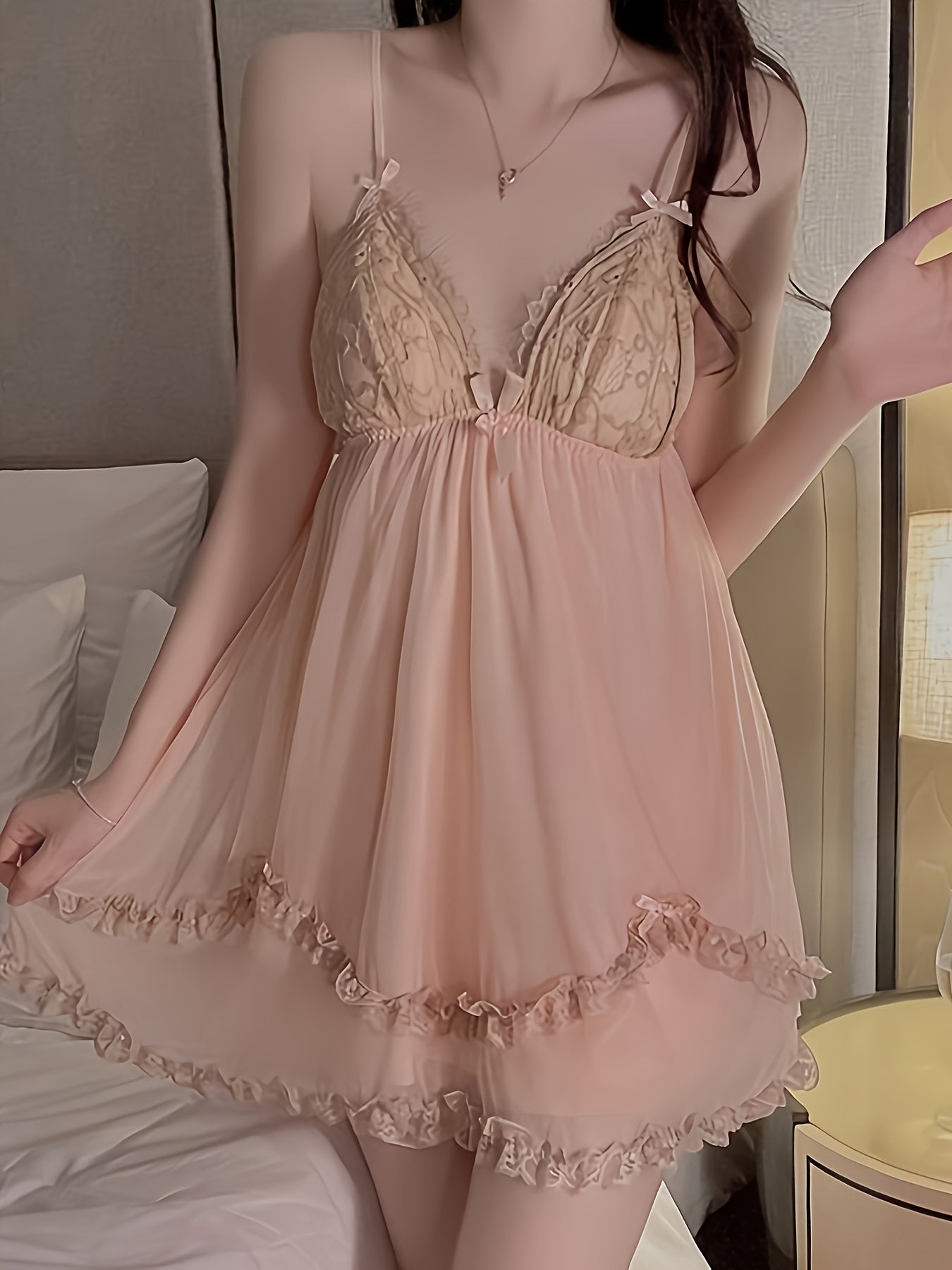 A Set of Women's Charming Mesh Stitching Pajamas，Long Sleeve Bathrobe with Belt and Lace，Hollow Vest，Shorts，Underwear - P3772