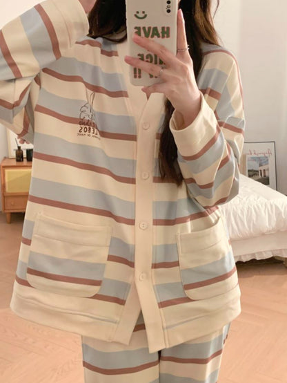 Homewear Suit、Pajamas Suit、Cardigan Design、Wearable Pajamas Suit、Striped Pajamas Suit-Women's pajama suit