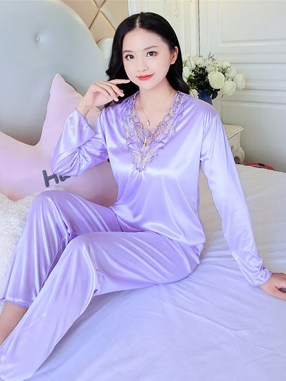 Women's Autumn and Winter Long-Sleeved Lace Satin Pajama Pants Suit，Fashion Comfortable Pajamas Suit，2Pajamas Set，Elegant Style，Autumn and Winter