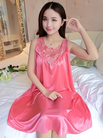 Lady Sexy Solid Color Satin Stitching Lace Pajamas Dress，round Neck Sleeveless Vest Dress，Comfortable Nightgown