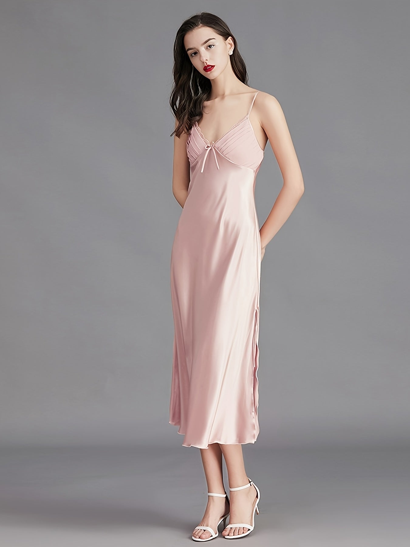 Women Satin Pajamas Sexy Sleepwear Slim Shoulder Strap Stacked Neck Elegant Long Satin Sling Mid-Length Dress