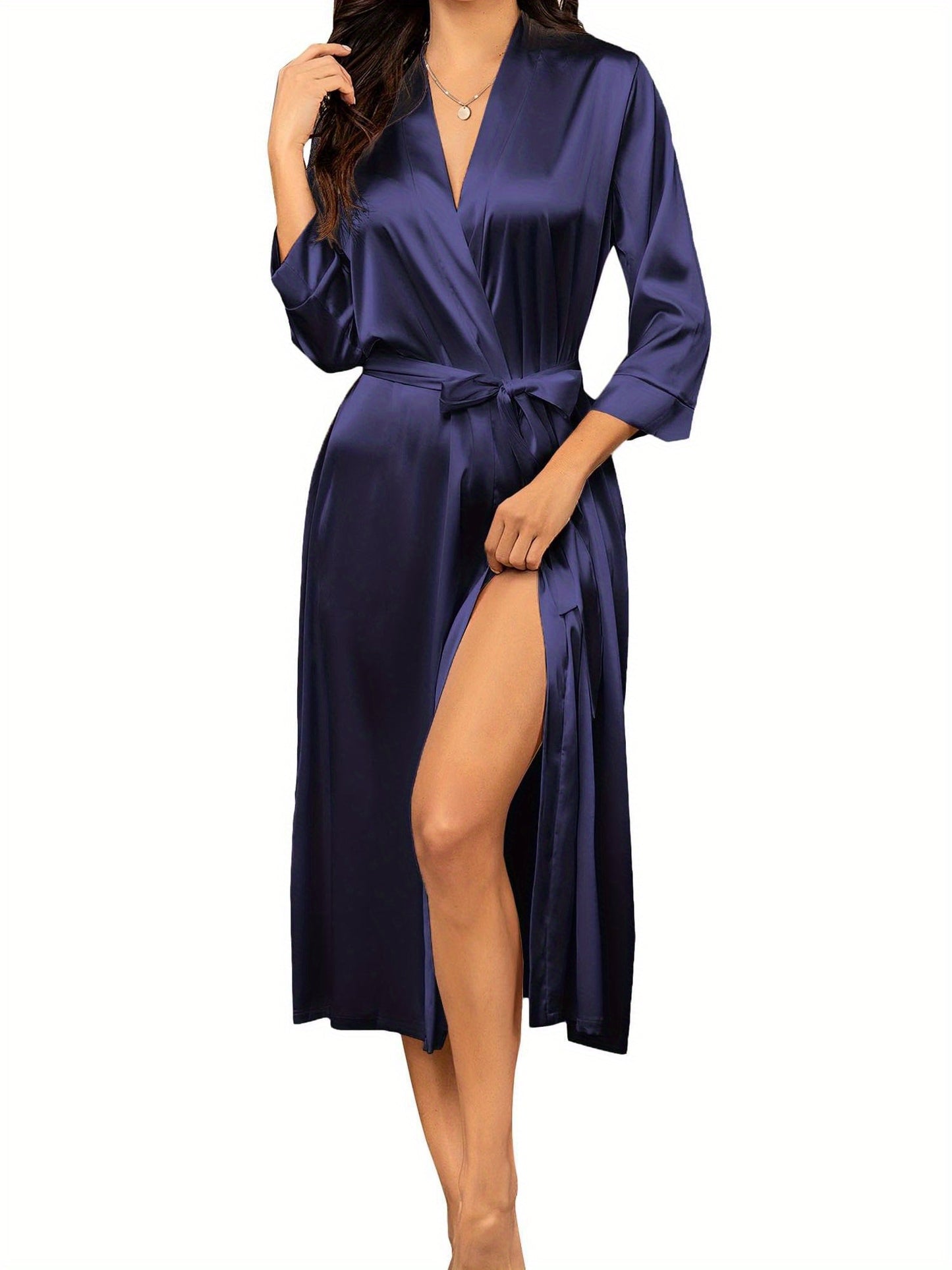 Elegant Solid Color Satin Bridal Robe，Comfortable Three-Quarter Sleeve with Belt Nightgown，Women's Casual Wear and Pajamas