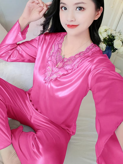 Women's Autumn and Winter Long-Sleeved Lace Satin Pajama Pants Suit，Fashion Comfortable Pajamas Suit，2Pajamas Set，Elegant Style，Autumn and Winter