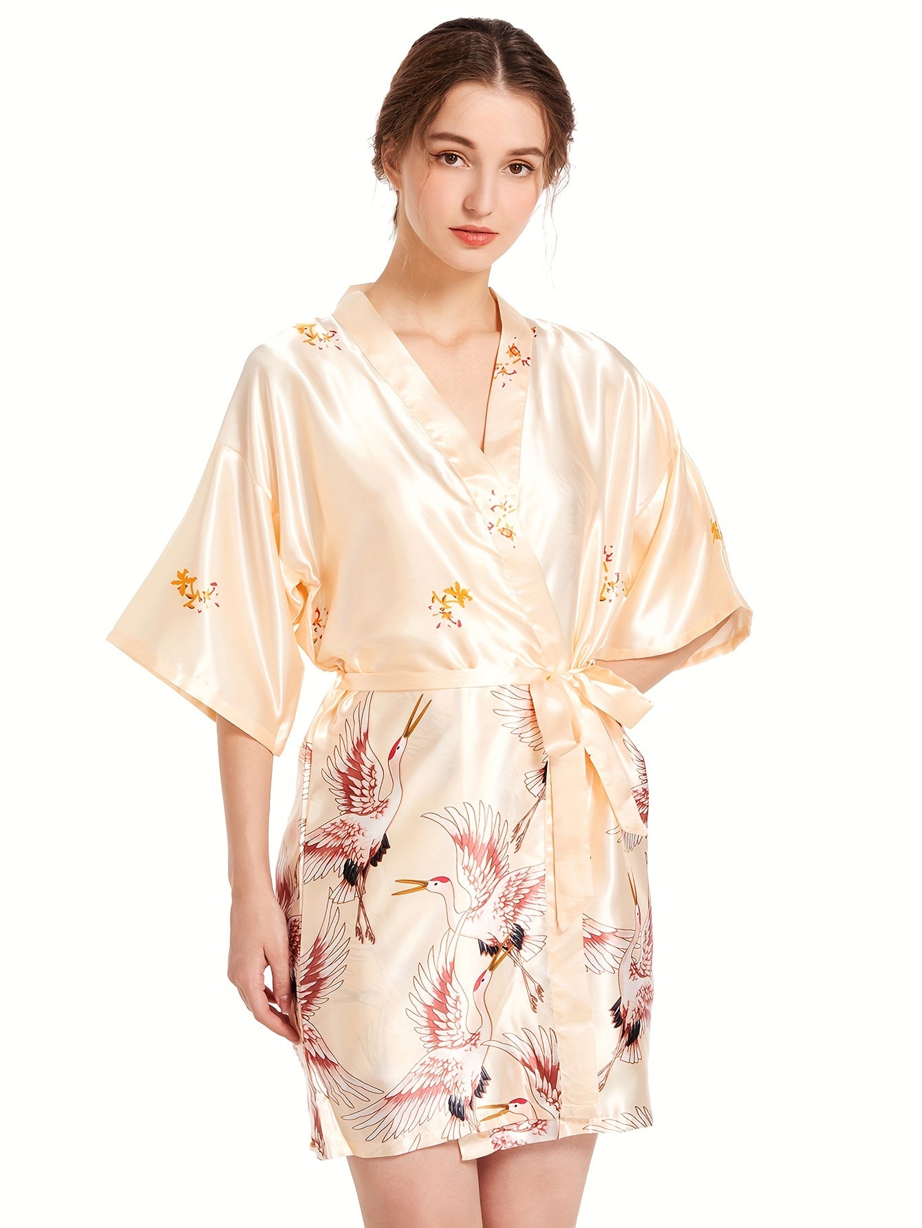 Pajamas Home Dress Arrangement Female Ethnic Crane Spring and Autumn Sexy Short Robe Two-Piece Set