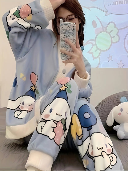 2 Set of Sanrio Authorized Cartoon Pattern Long-Sleeved Pajamas Suit，Thick Warm Loungewear，Sweet Cute Pajamas，Outerwear Homewear 2 Set