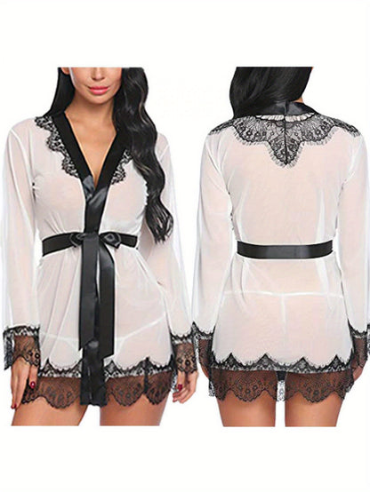 Fashion Women's Satin Lace Nightdress - V Collar，Slim Strap Belt Details，Translucent Pajamas