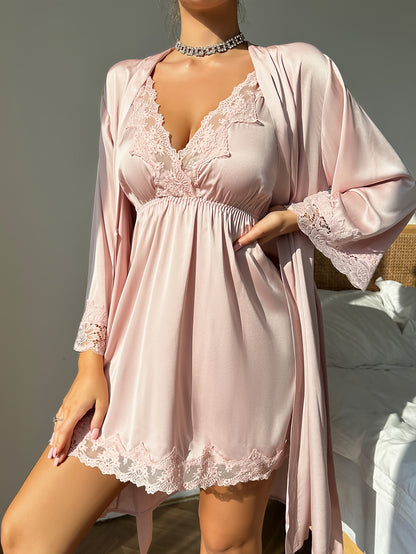 Sexy Solid Color Contrast Color Lace Pajamas Suit，Long Sleeve with Belt Bathrobe and V Collar Suspender Dress，Women's Pajamas