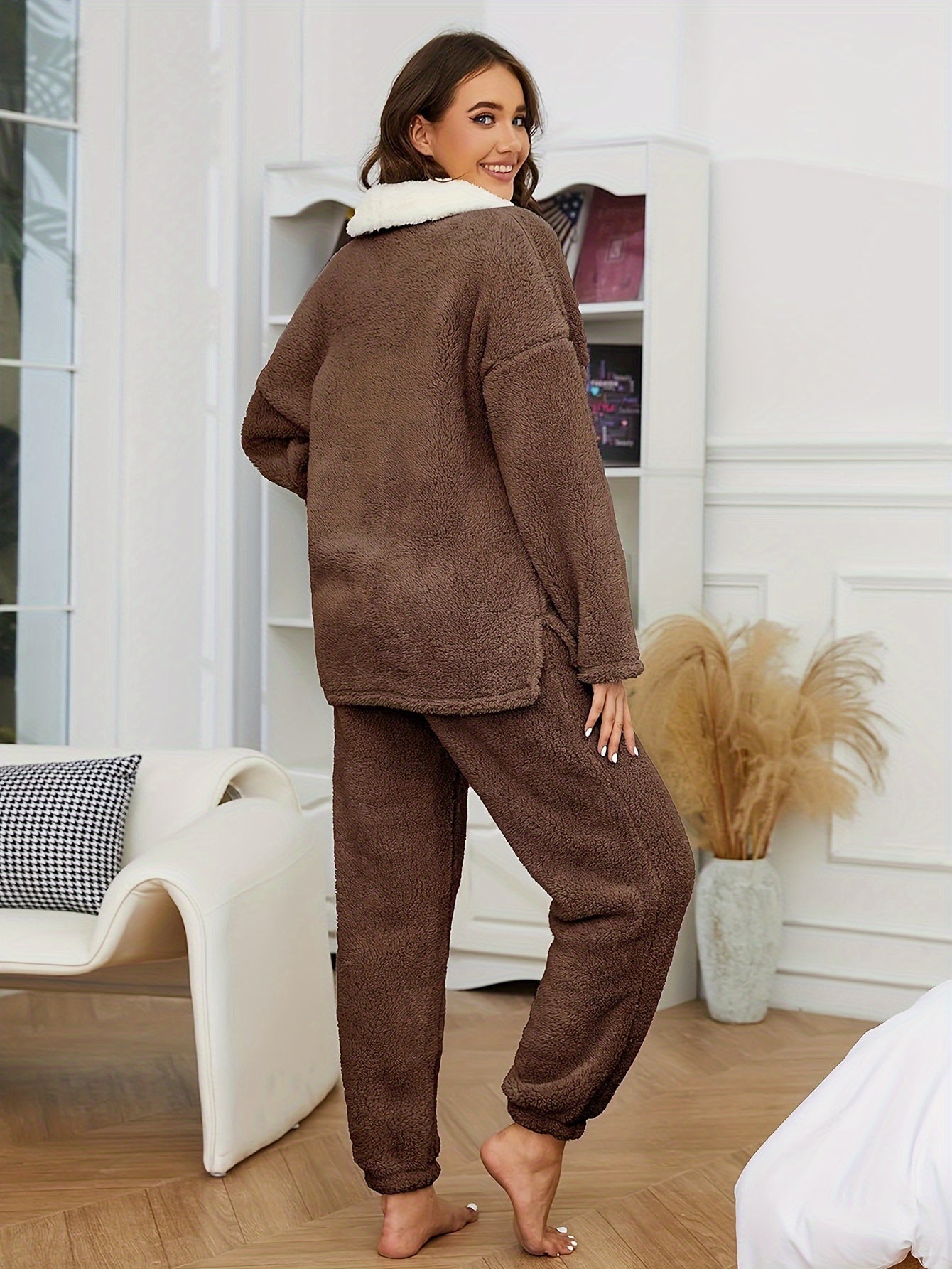 Women's Furry Chenille Pajamas Thermal Head Cover Lapel Pajamas Suit