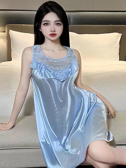 Lady Sexy Solid Color Satin Stitching Lace Pajamas Dress，round Neck Sleeveless Vest Dress，Comfortable Nightgown