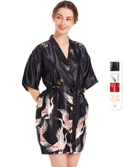 Pajamas Home Dress Arrangement Female Ethnic Crane Spring and Autumn Sexy Short Robe Two-Piece Set