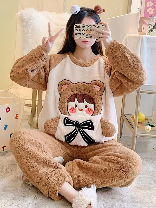 Winter Cute Cartoon Bear Pattern Women's Pajamas Suit，Comfortable Polyester Knitted Fabric，Round collar design，Long Fluffy Homewear Suitable for Adults