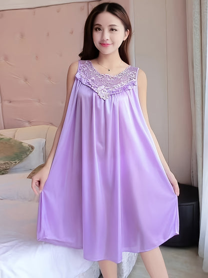 Lady Sexy Solid Color Satin Stitching Lace Pajamas Dress，round Neck Sleeveless Vest Dress，Comfortable Nightgown