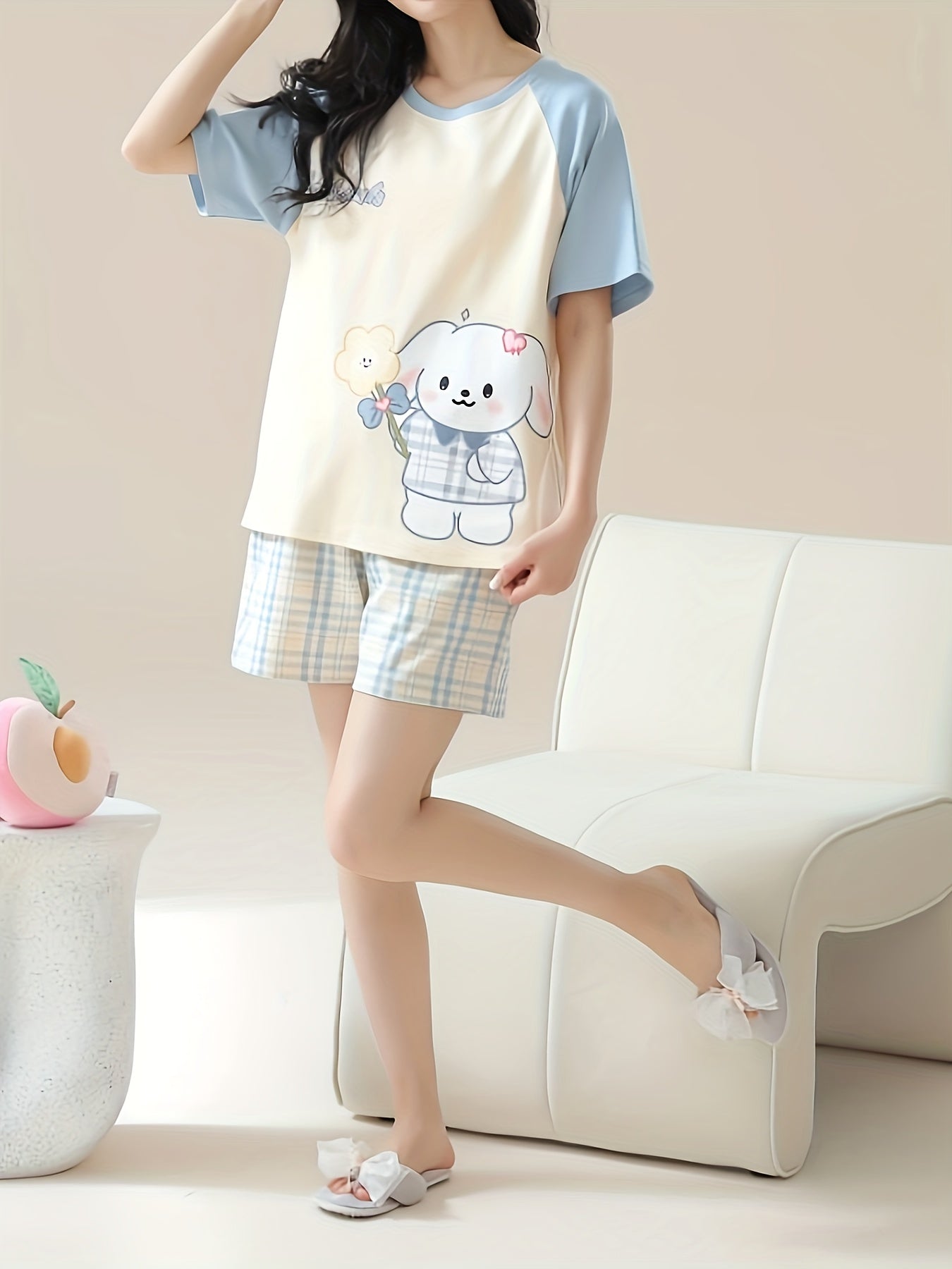 Ladies Cartoon Puppy and Floral Print Loose Pajamas Suit，Short Sleeve round Neck Top and Plaid Shorts，Comfortable Casual Style