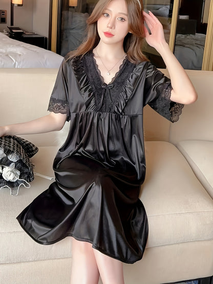 Elegant Ladies Lace V Collar Nightdress with Bowknot Details - Comfortable Short Sleeve Pajamas，Solid Color