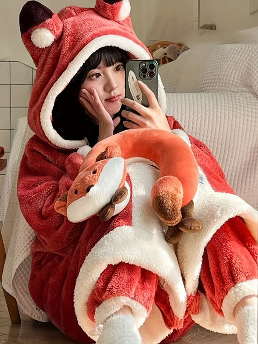 Autumn and Winter Cute Cartoon Fox Plush Thick Night-Robe，Long Sleeve Hooded Loose Pockets Nightgown，Women's Pajamas and Dress