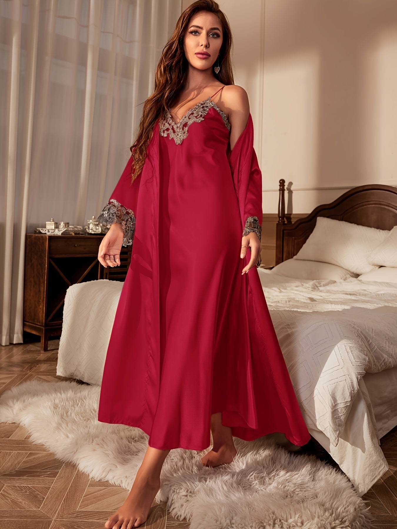 Contrast Color Lace Satin Pajamas Suit，Long Sleeve Robe with Belt and V Collar Strap Dress，Women's Pajamas and Homewear