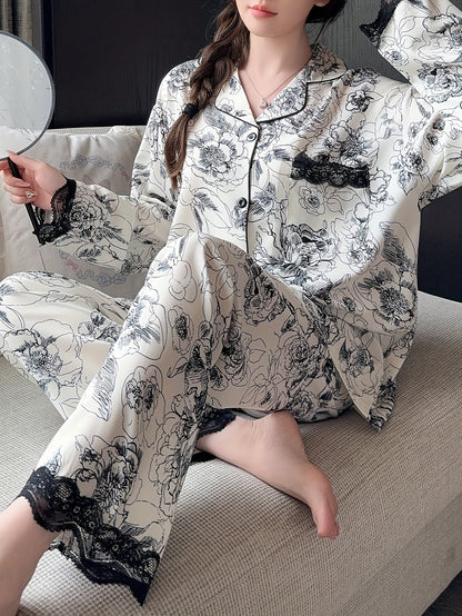 Women's Long-Sleeved Pajamas Printed Lace Cardigan Suit Homewear