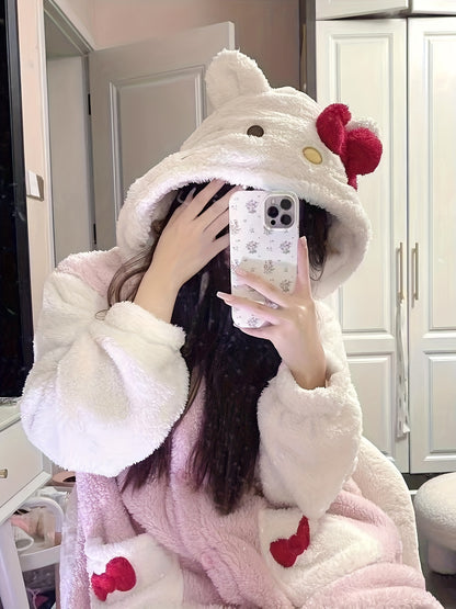 [Authorization] Sanrio Home Wear Women's Plush Thickened Long Nightdress，Hello Kitty Coral Velvet Pajamas Long Sleeve Homewear Thickened Thermal Coral Fleece Homewear，Sweet Cute Pajamas Outerwear Homewear Nightdress