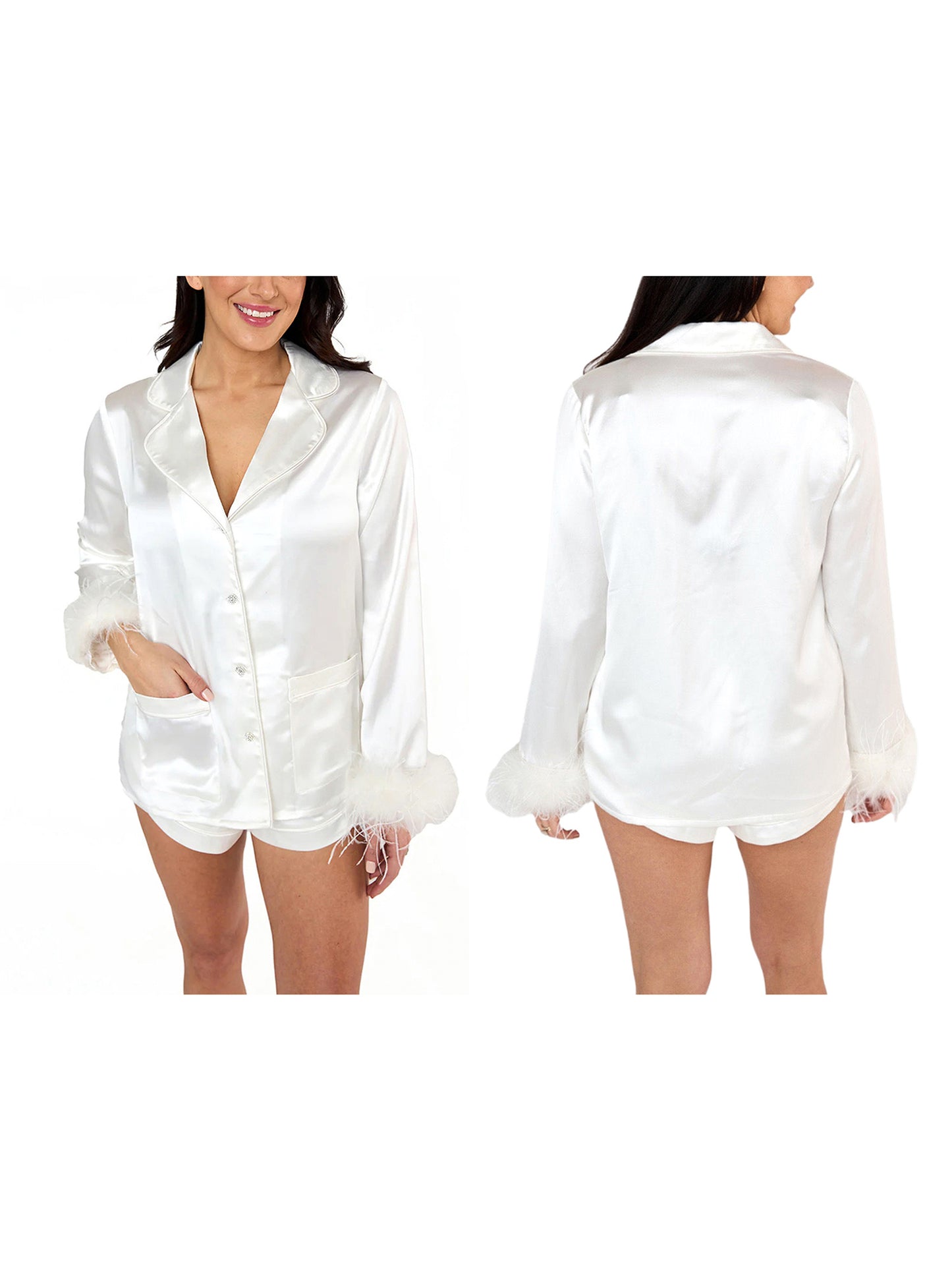 Women's Satin Clothing Solid Color Lapel Long Sleeve Top with Feather Cuffs + Shorts Suit Fashion Clothing