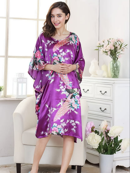 Elegant Women's Floral Peacock Nightdress - Lightweight Breathable Satin Pajamas，Three-Quarter Sleeve，round Neck - Casual Loose，Suitable for Spring/Summer Home Casual Wear