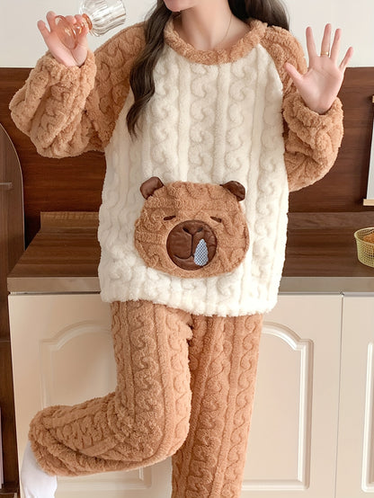 Cute Bear Pattern Fleece-lined Warm Winter Pajamas Suit - Long Sleeve Trousers，Women's Thick Thermal Pajamas