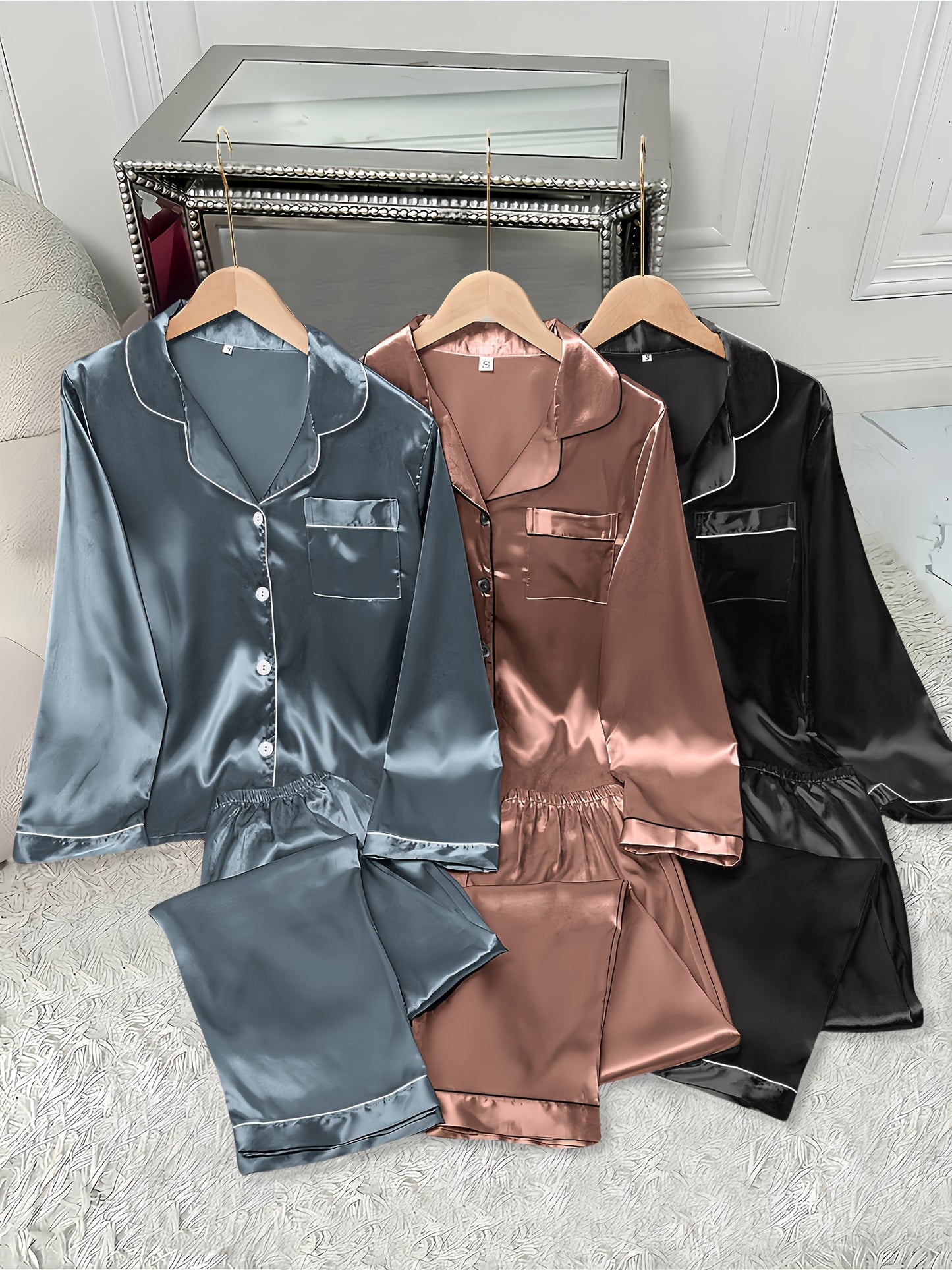 3 Women's Satin Pajamas Suit - Casual Solid Color Long Sleeve Shirt and Elastic Waist Pants，Lapel，Button Details，Woven Polyester，Autumn and winter pajamas