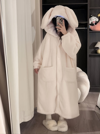 Women's Comfortable Fleece Rabbit Ear Hooded Robe - Cute Cartoon Rabbit Pattern，Long Sleeve，Button Casual Dress with Pockets，Machine Washable - Perfect Choice for Autumn and Winter