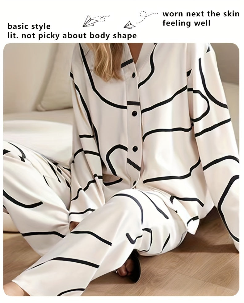 Women's Fashion Casual Set，Long Sleeve Top with Elastic Waist Pants，Casual Abstract Striped Printed Pajamas Suit Autumn and Winter