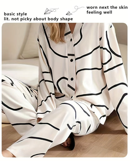 Women's Fashion Casual Set，Long Sleeve Top with Elastic Waist Pants，Casual Abstract Striped Printed Pajamas Suit Autumn and Winter