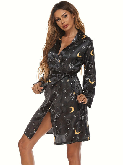 Elegant Women's Tropical Printing Long Sleeve V Collar Bathrobe with Belt