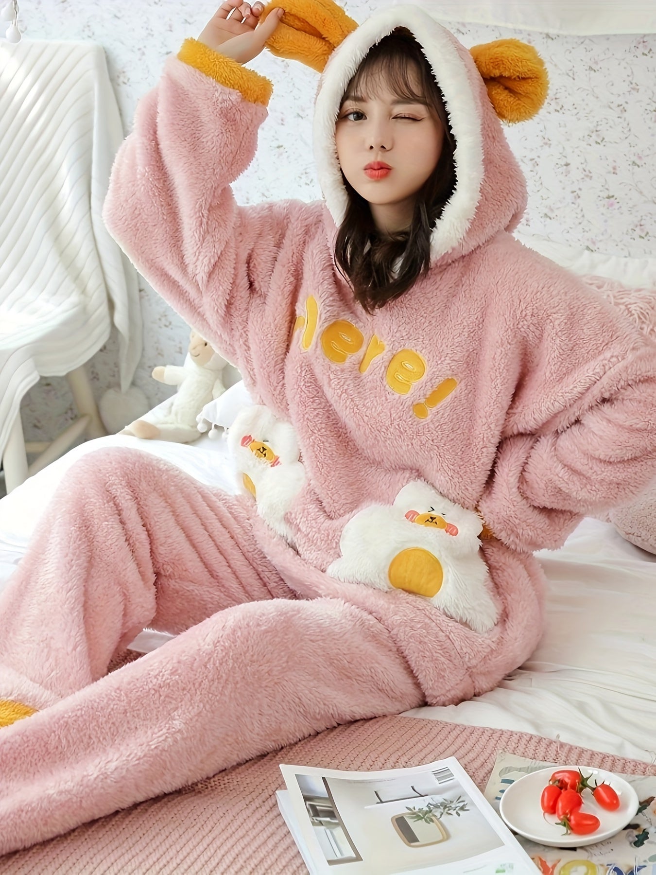 Women's Winter Furry Lamb Fur Oversized Hooded Pajamas Suit，with Cute Cartoon Letters，Comfortable and Warm Adult Homewear