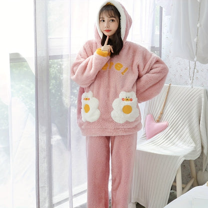 Women's Winter Furry Lamb Fur Oversized Hooded Pajamas Suit，with Cute Cartoon Letters，Comfortable and Warm Adult Homewear