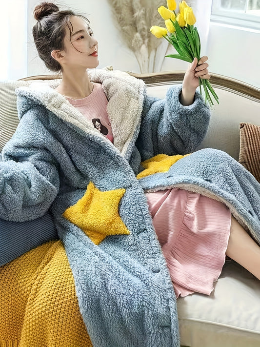 Cute Hooded Long Sleeve Button Detail Sweater Pajamas，Polyester and Elastic Fiber Knitted Fabric，Solid Color，Comfortable，Suitable for Teenagers，Autumn and Winter Season，Home Bathrobe