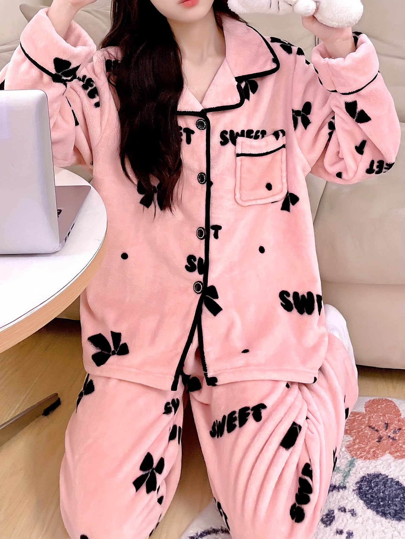 Cartoon Printed Women's Autumn and Winter Fleece-lined Thickened Women's Homewear Pajamas