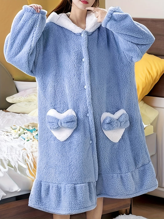 Women's Cute Cartoon Rabbit Thick Wool Robe，Warm Plush Pajamas，Novelty Rabbit Home Clothing with Hood and Ears，Autumn and Winter Comfortable Pajamas