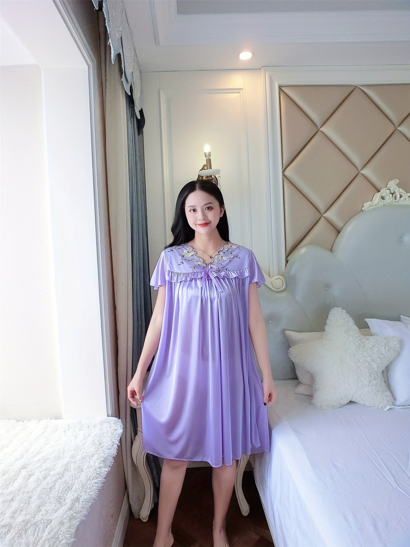 Elegant Ladies Travel Nightgown：V Collar，Short Sleeve，Embroidered Edge，Silk Satin，Light，Spring and Summer，Adult Size，Suitable for Hotels Or Families