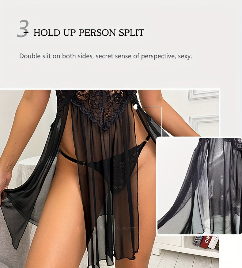 Women's Spaghetti Shoulder Strap Pajamas - Sexy Contrast Color Lace Semi See-through V Collar Backless Slits Lower Hem Sling Dress