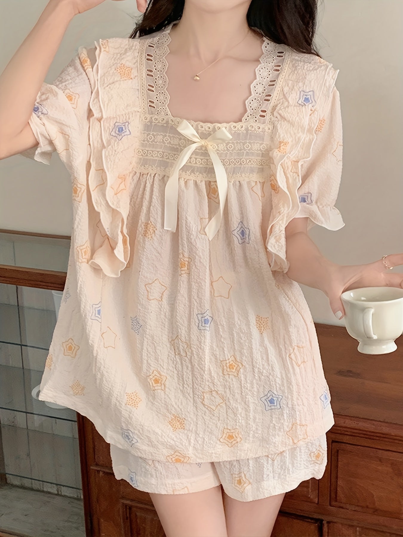 Women's XINGX Printed Cute Texture Contrast Lace Ruffled Pajamas Suit，Puff Sleeve Square Collar Top and Shorts，Comfortable Loose Design