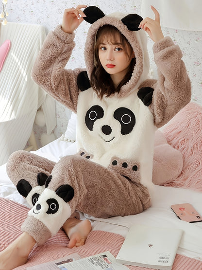 Women's Winter Pajamas Suit，Cute Cartoon Panda Hooded Long Sleeve Top，Embroidered Fluff，Thick Warm Polyester Home Wear，100%Polyester Knitted Fabric，Adult Casual Wear