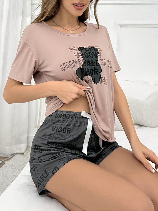 Elegant Teddy Bear Printed Short Sleeve Shorts Pajamas Suit + Funny Letter Print Casual Pajamas Suit + High Quality Soft round Neck Short Sleeve Shorts Women's Two-Piece Set