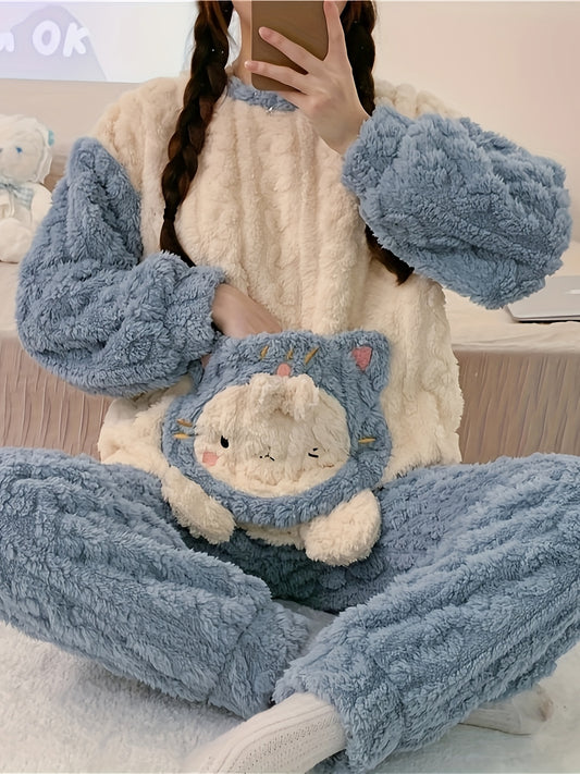 Women's Cute Cartoon Pattern Pajamas Suit，Long Sleeve Trousers，round Neck，Polyester，Knitted Fabric，Adult Comfortable Pajamas，Autumn/Winter Season