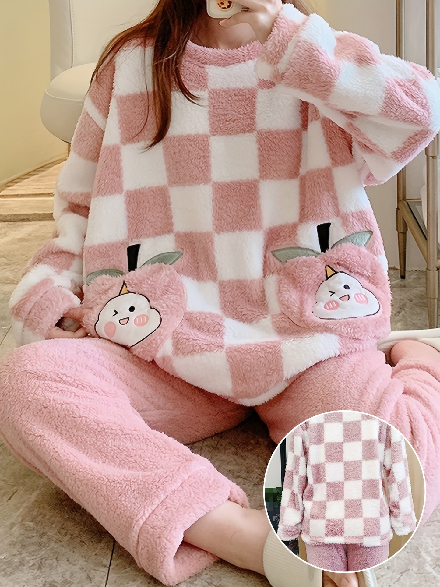 Comfortable Coral Fleece Women's Pajama Suit - Cute Pink Plaid，Thick Flannel Long-Sleeved Trousers Homewear，Suitable for Autumn and Winter