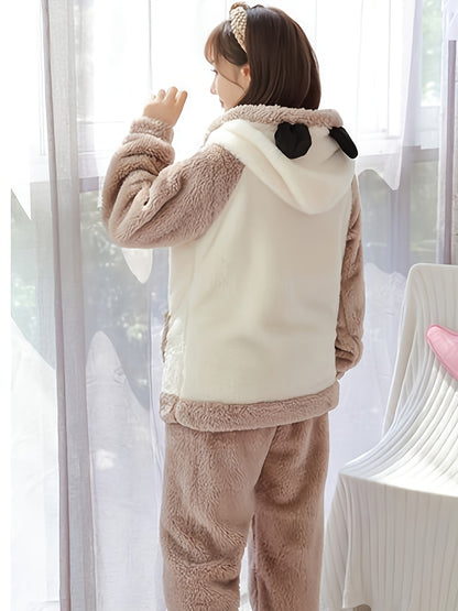 Women's Winter Pajamas Suit，Cute Cartoon Panda Hooded Long Sleeve Top，Embroidered Fluff，Thick Warm Polyester Home Wear，100%Polyester Knitted Fabric，Adult Casual Wear