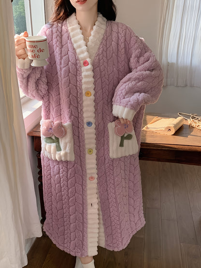 Floral Decorative Jacquard Fleece Thickening Evening Dress Autumn and Winter，Long Sleeve Button V Collar Robe with Pocket，Women's Pajamas and Dress