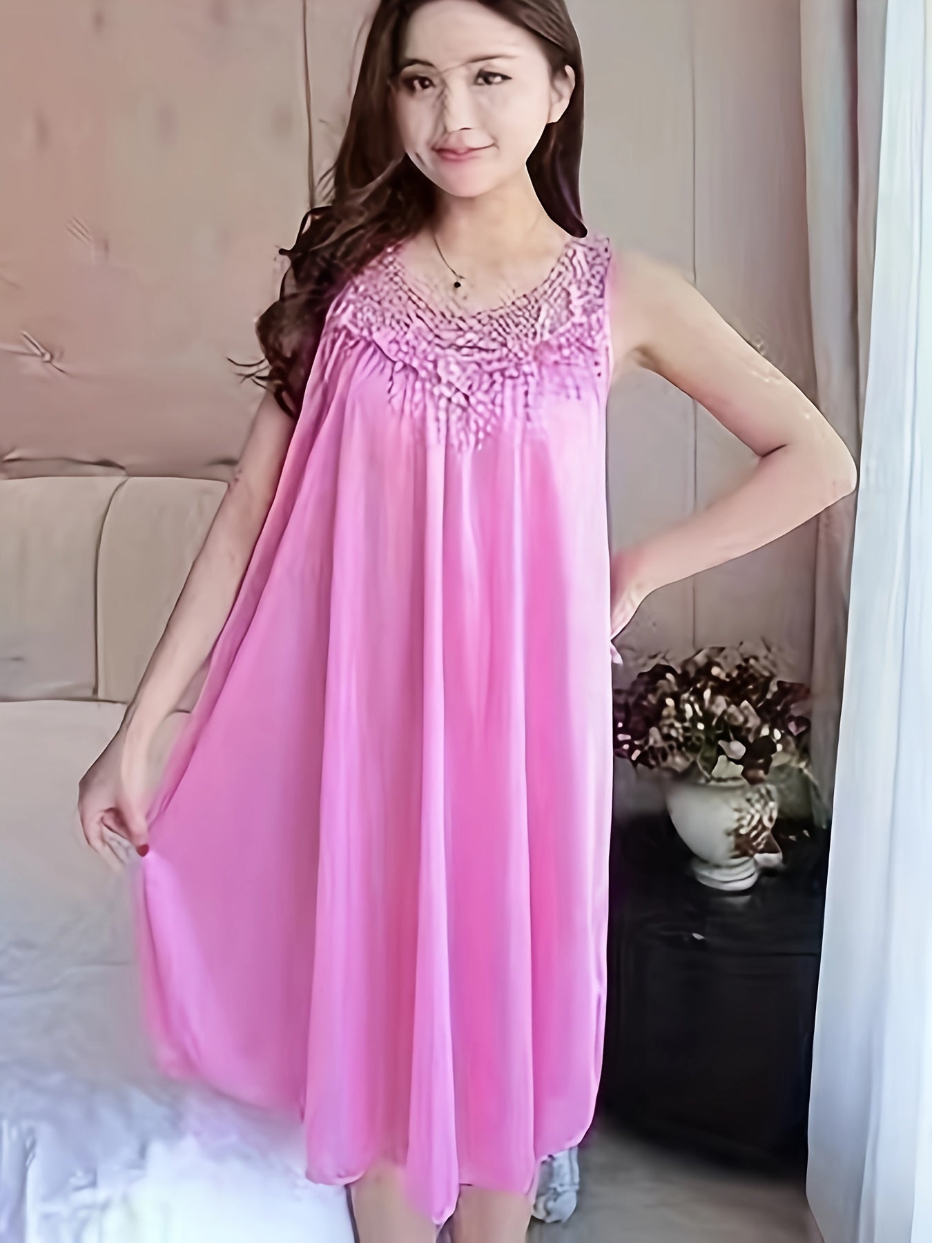 Women's Spring/Summer Ice Silk Home Wear Nightdress Dress Home Wear Lace Stitching Nightdress Comfortable Dress Nightdress