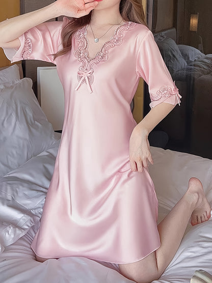 Women's Summer Chic Lace V Collar Pajamas - Soft Chiffon，Short Sleeve，Opaque Nightdress