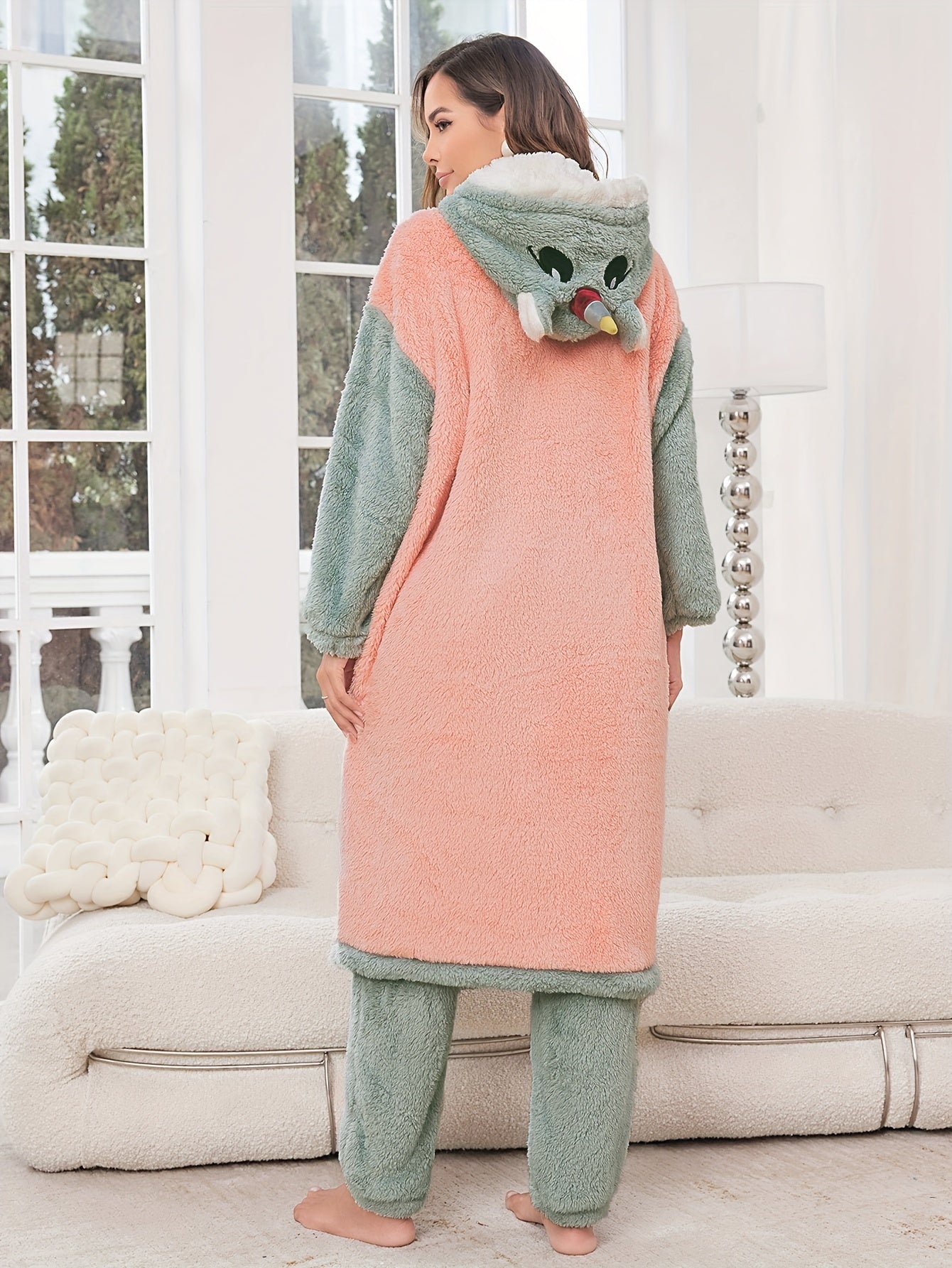 A Set of Hooded Pajamas Themed with Adult Cartoon Characters Suit，Cute Plush Warm Fleece Homewear，Embroidered Long-Sleeved Top and Pants，Comfortable Autumn and Winter Homewear，Knitted polyester fabric - Straight Skirt Style