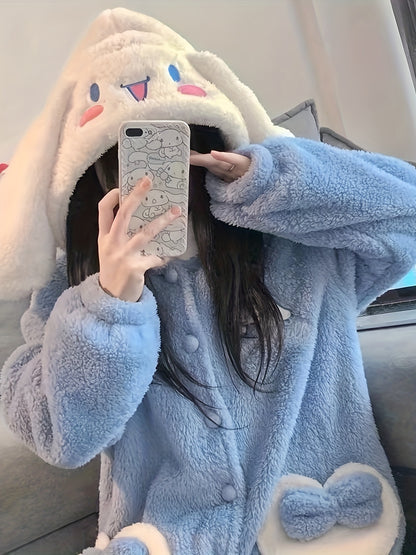 [Authorization] 1Sanrio Homewear Women's Plush Thickened Long Pajamas Long Sleeve Pajamas Thick Thermal Coral Fleece Homewear Sweet Cute Pajamas Can Be Worn outside Christmas Pajamas